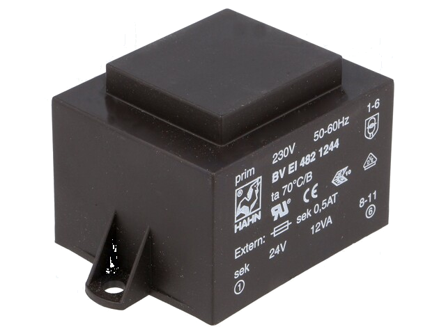 Transformator: ingegoten; 12VA; 230VAC; 24V; 500mA; PCB; BVEI Transformator: ingegoten; 12VA; 230VAC; 24V; 500mA; PCB; BVEI